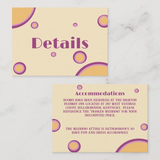 Retro 70er Circle Lila Orange Wedding Detail Begleitkarte (Vorne/Hinten)