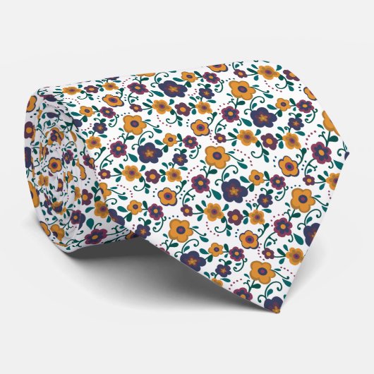 Retro 70er Daisy Pattern-Jewel Tone Blumendesign Krawatte (Gerollt)