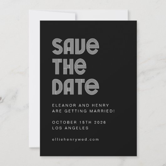 Retro 70er Disco Schriftart Einzigartiger Schwarz- Save The Date (Vorderseite)