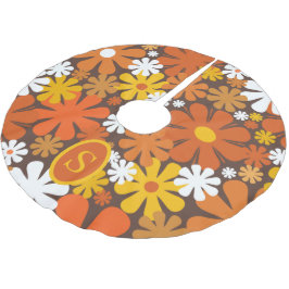 Retro 70er Floral Muster Orange Brown mit Initial Polyester Weihnachtsbaumdecke