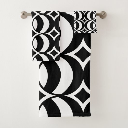 Retro 70er Geometric Globe Pattern Schwarz & Weiß Badhandtuch Set (Insitu)