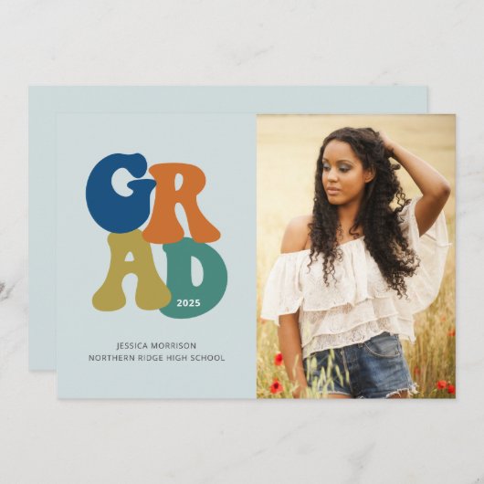 Retro '70er Grad 2025 Groovy Graduation Party Einladung (Vorne/Hinten)