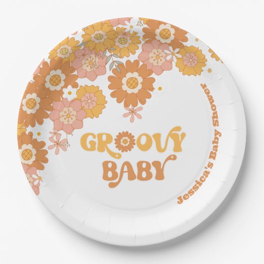 Retro 70er Groovy Babydusche Pappteller (Vorderseite)