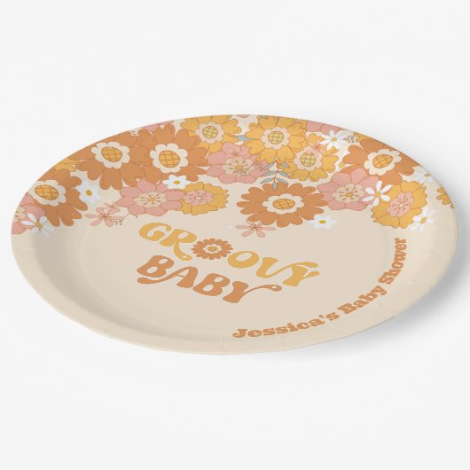 Retro 70er Groovy Babydusche Servietten Papier Tel Pappteller (Schrägansicht)