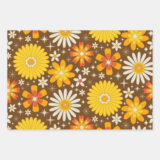Retro 70er Groovy Blume mit Atomwaffen Sternexplos Geschenkpapier Set (Vorderseite)