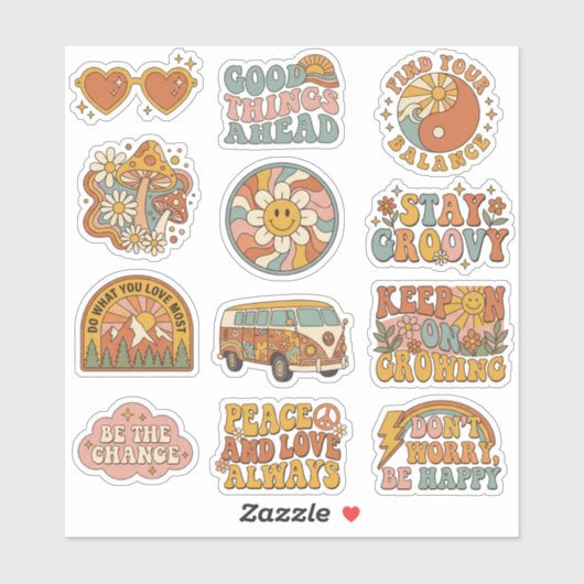 Retro 70er Groovy Boho Aufkleber Sticker Pack (Blatt)