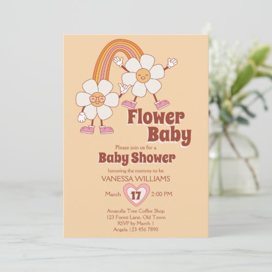 Retro 70er Groovy Boho Blume Baby Einladung (Stehend Vorderseite)
