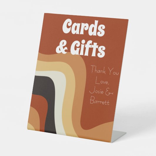 Retro 70er Groovy Boho Hochzeitskarten und Geschen Sockelschild (Vorderseite)