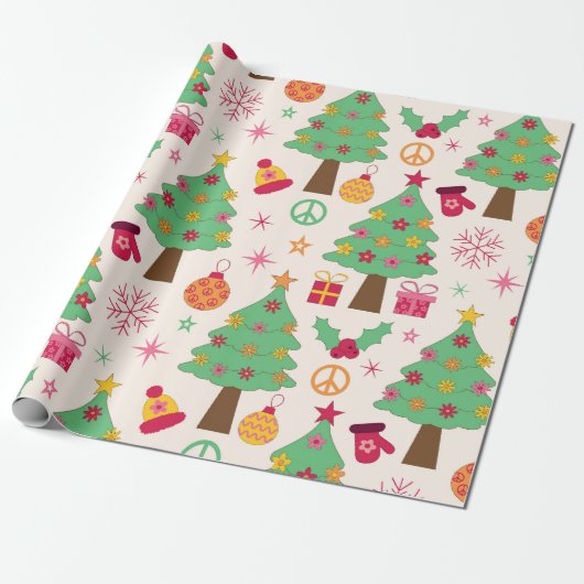 Retro 70er Groovy Christmas Trees Pattern Geschenkpapier (Ungerollt)