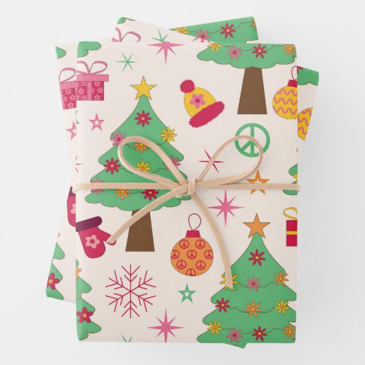 Retro 70er Groovy Christmas Trees Pattern Geschenkpapier Set (Beispiel)
