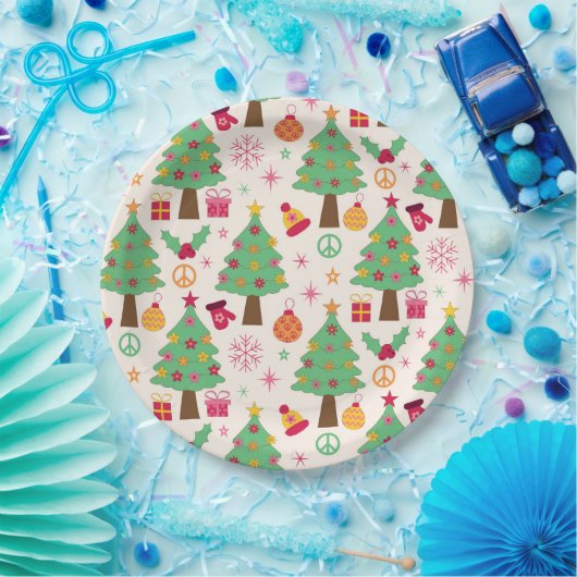 Retro 70er Groovy Christmas Trees Pattern Pappteller (Party)