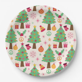 Retro 70er Groovy Christmas Trees Pattern Pappteller