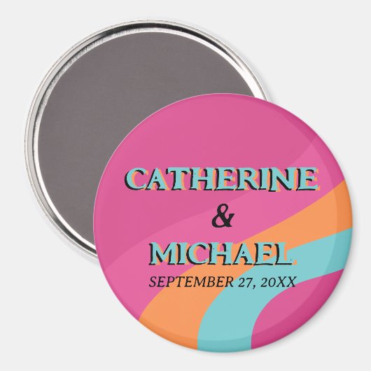Retro 70er Groovy Fuchsia Fun Wedding Magnet (Vorderseite/Rückseite)
