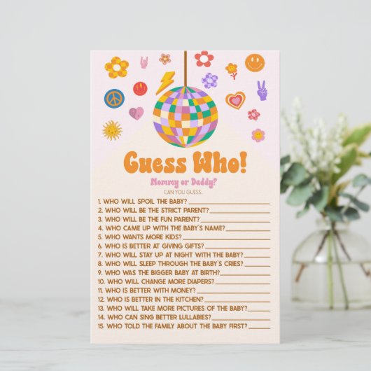 Retro 70er Groovy Guess Who! Baby Shower Game Briefpapier (Stehend Vorderseite)
