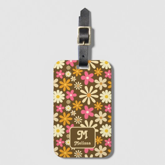 Retro 70er Groovy Hippie Blume Monogram Gepäckanhänger (Vorderseite Vertikal)