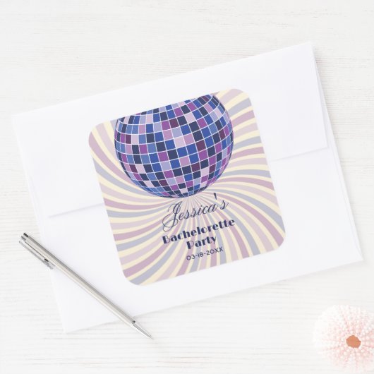 Retro 70er Groovy Letzte Disco Junggeselinnen-Absc Quadratischer Aufkleber (Umschlag)