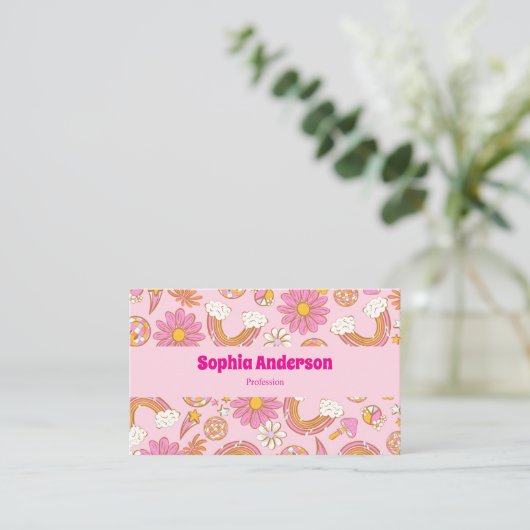 Retro 70er Groovy Pink Floral & Rainbow Funky Visitenkarte (Stehend Vorderseite)