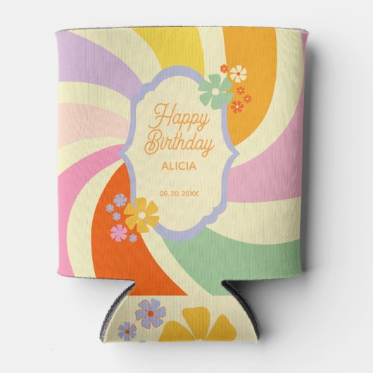 Retro 70er Groovy Wave Blume Happy Birthday Dosenkühler (Vorderseite)