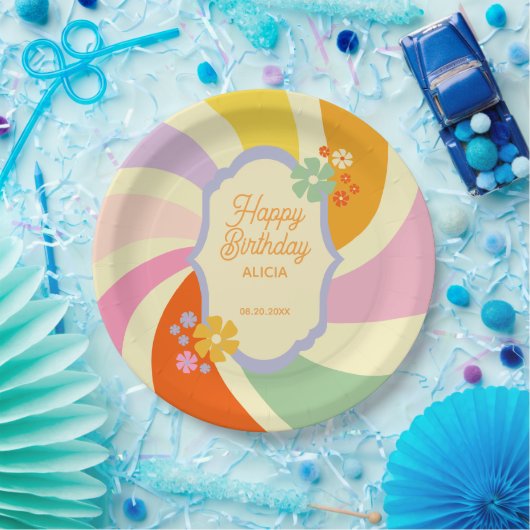 Retro 70er Groovy Wave Blume Happy Birthday Pappteller (Party)