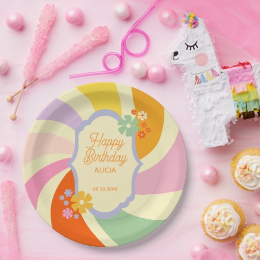 Retro 70er Groovy Wave Blume Happy Birthday Pappteller (Party)