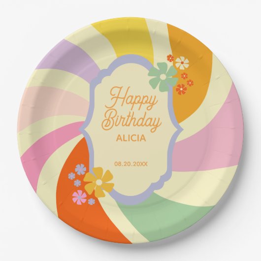 Retro 70er Groovy Wave Blume Happy Birthday Pappteller (Vorderseite)