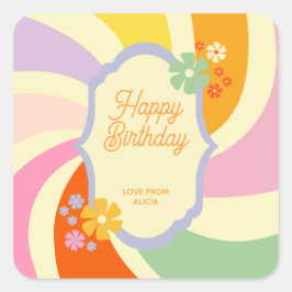 Retro 70er Groovy Wave Blume Happy Birthday Quadratischer Aufkleber