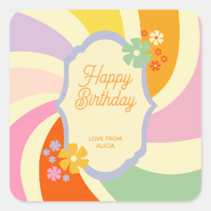 Retro 70er Groovy Wave Blume Happy Birthday Quadratischer Aufkleber