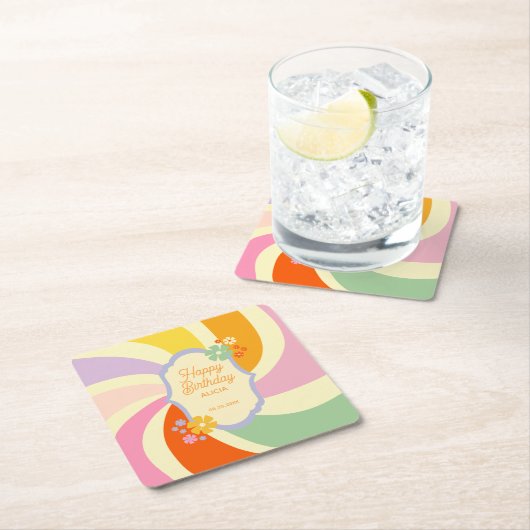 Retro 70er Groovy Wave Blume Happy Birthday Rechteckiger Pappuntersetzer (Vor Ort)