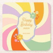 Retro 70er Groovy Wave Blume Happy Birthday Rechteckiger Pappuntersetzer (Vorderseite)