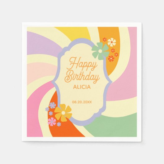 Retro 70er Groovy Wave Blume Happy Birthday Serviette (Vorderseite)