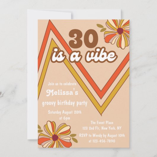 Retro 70er Hippie Blume Zigzag 30. Geburtstag Einladung (Vorderseite)