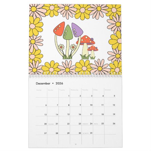 Retro 70er Hippie Groovy Mushroom & Blume Kalender (Dez 2026)