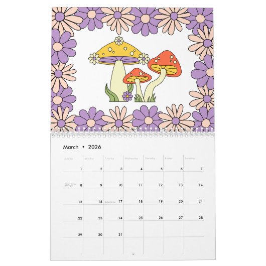 Retro 70er Hippie Groovy Mushroom & Blume Kalender (Mär 2026)