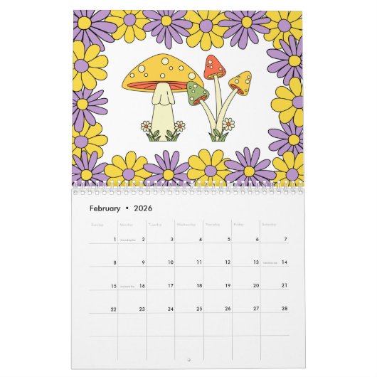 Retro 70er Hippie Groovy Mushroom & Blume Kalender (Feb 2026)