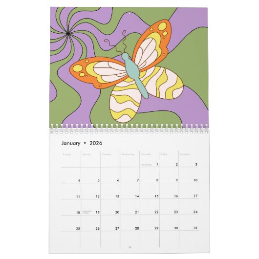 Retro 70er Hippie Groovy Wave Butterfly Kalender (Jan 2026)