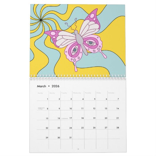 Retro 70er Hippie Groovy Wave Butterfly Kalender (Mär 2026)