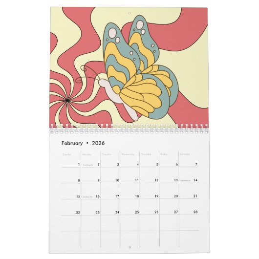 Retro 70er Hippie Groovy Wave Butterfly Kalender (Feb 2026)