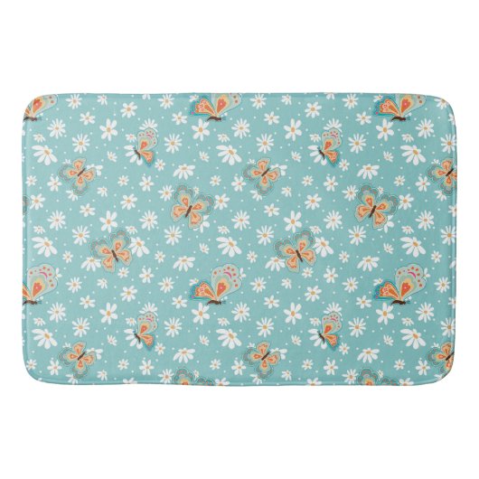 RETRO 70er Hippy Daisy Mod Butterfly Aqua Blue Dor Badematte (Vorderseite)