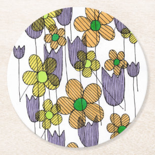 Retro 70er Jahre Blumen-Doodle-Muster Festliche Pa Runder Pappuntersetzer