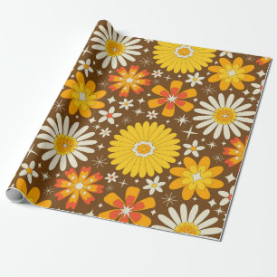 Retro 70er-Jahre Blumen mit atomaren Sternen auf B Geschenkpapier