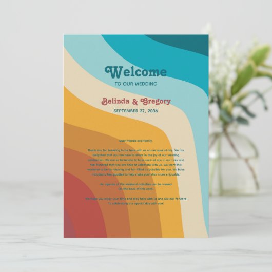 Retro 70er Jahre farbenfrohe Rainbow-Hochzeit Programm (Stehend Vorderseite)