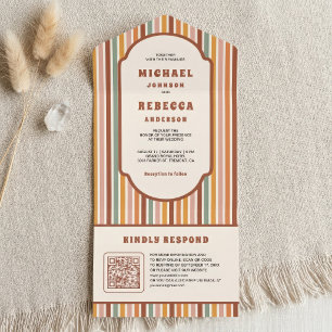 Retro 70er Jahre Farbige Streifen QR Code Hochzeit All In One Einladung