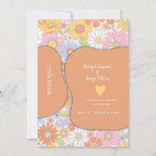 Retro 70er Jahre Floral Groovy Pastell-Hochzeit Einladung