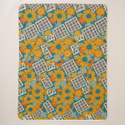 Retro 70er Jahre Floral Patchwork-Muster Sherpadecke (Vorderseite)