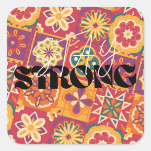 Retro 70er Jahre Florales Patchwork Bleib Stark Quadratischer Aufkleber