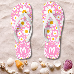 Retro 70er Jahre Florales Rosa Monogramm Badesandalen