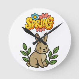 Retro 70er Jahre Frühling-Hasen-Grafikdesign Runde Wanduhr