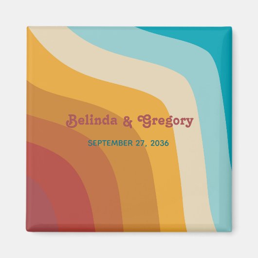 Retro 70er Jahre Gastgeschenk Hochzeit mit farbenf Magnet (Vorne)