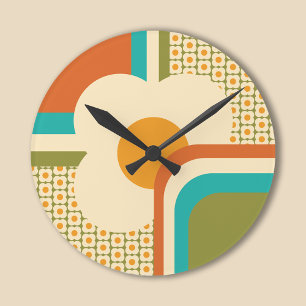 Retro 70er Jahre Geometrisches Floral Runde Wanduhr