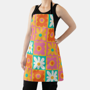Retro 70er Jahre Groovy Blumen Karo Bunt Schürze